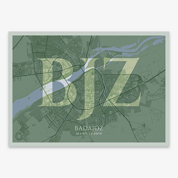 Decorative map of  composed with letters in serif font printed on two green tones