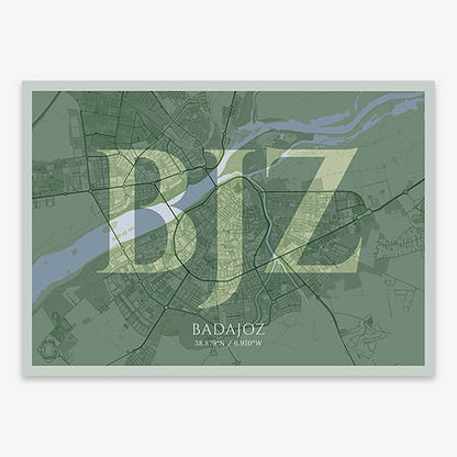 Decorative map of  composed with letters in serif font printed on two green tones