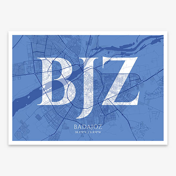Decorative map of  composed with letters in serif font printed on navy blue and white