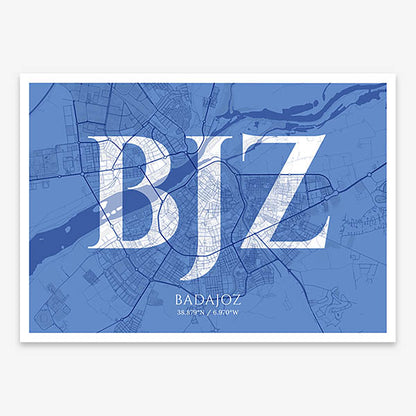 Decorative map of  composed with letters in serif font printed on navy blue and white