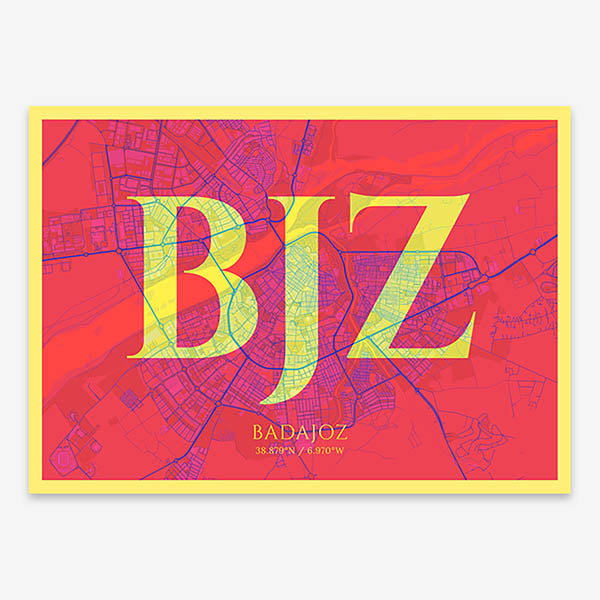 Decorative map of  composed with letters in serif font printed on yellow and fuchsia