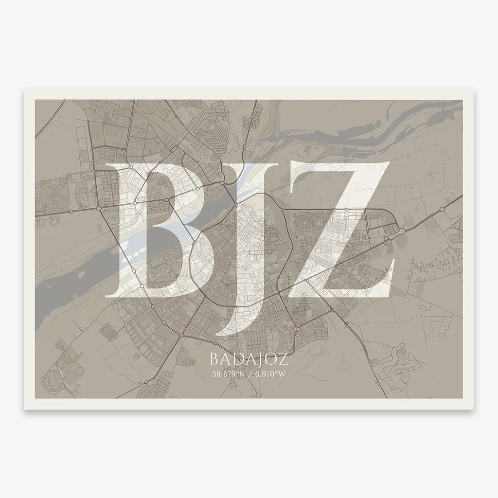 Decorative map of  composed with letters in serif font printed on light brown and an off-white background