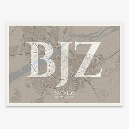 Decorative map of  composed with letters in serif font printed on light brown and an off-white background