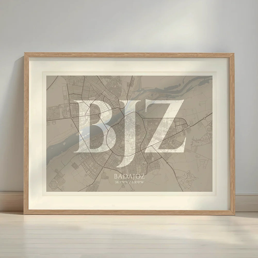 Framed Badajoz in Classic design, inspired by chiseled typography with an elegant font that creates a beautiful visual contrast designed in light brown and an off-white background with a white margin border in a warm lit minimalist setting