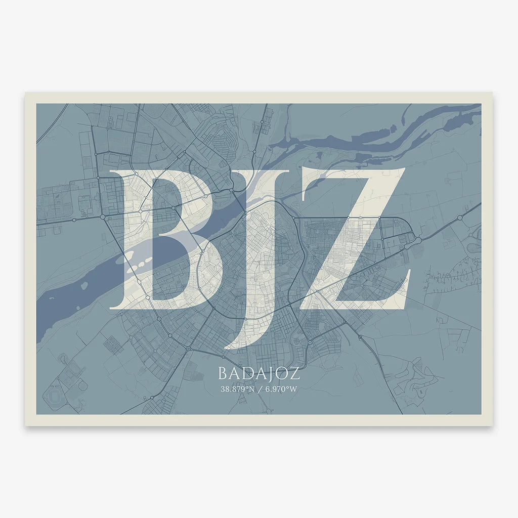 Decorative map of  composed with letters in serif font printed on bluish gray and an off-white background