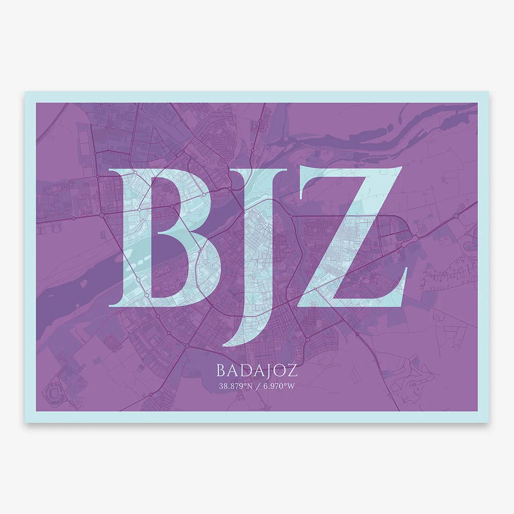 Decorative map of  composed with letters in serif font printed on purple and light blue
