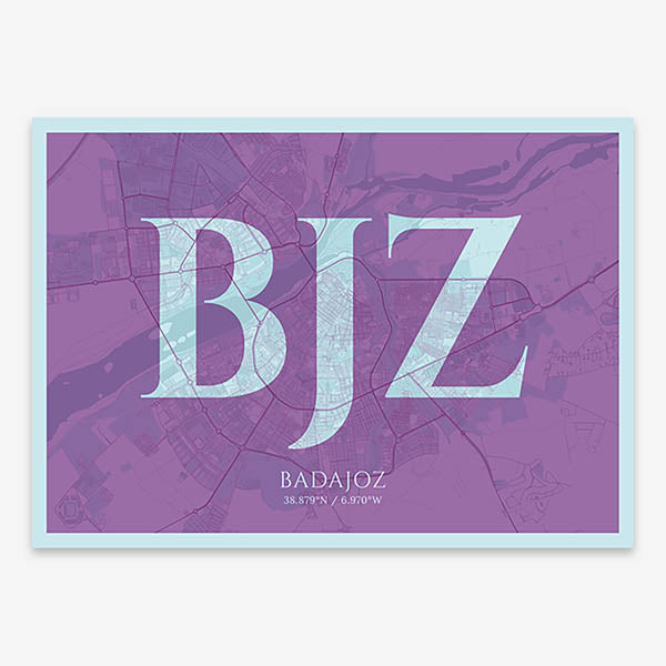 Decorative map of  composed with letters in serif font printed on purple and light blue