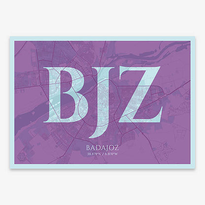 Decorative map of  composed with letters in serif font printed on purple and light blue