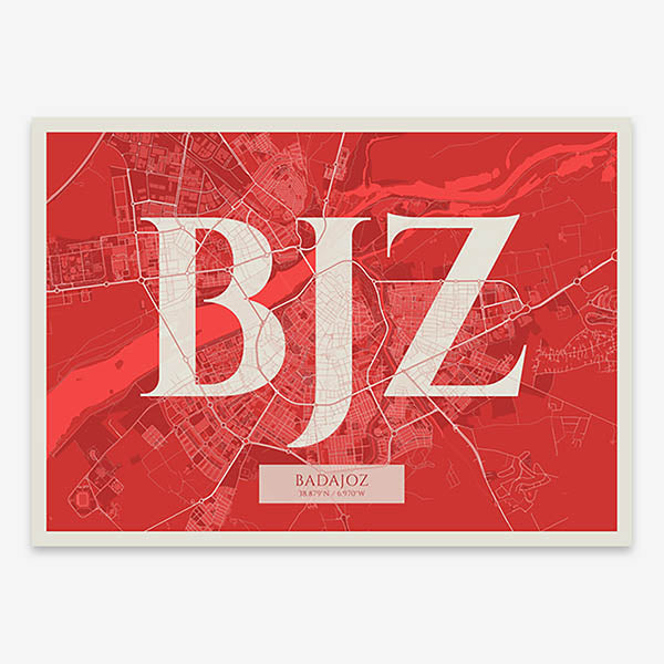 Decorative map of  composed with letters in serif font printed on red and an off-white background
