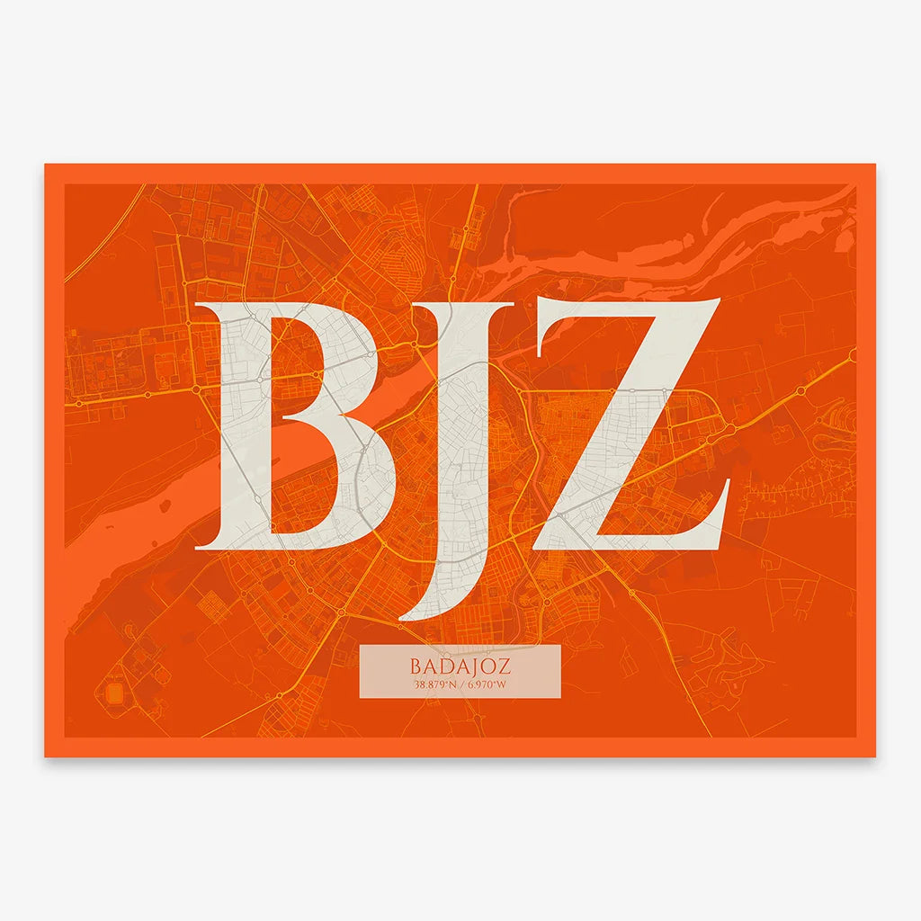 Decorative map of  composed with letters in serif font printed on orange and an off-white background