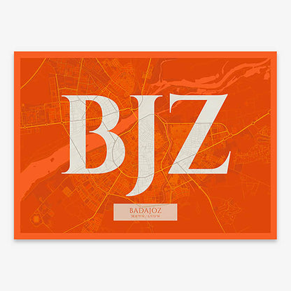 Decorative map of  composed with letters in serif font printed on orange and an off-white background