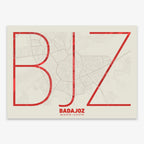 The map of Badajoz in Ultralight design, a minimalist aesthetic combining urban cartography with modern, extra-thin elegant lettering designed in red and an off-white background