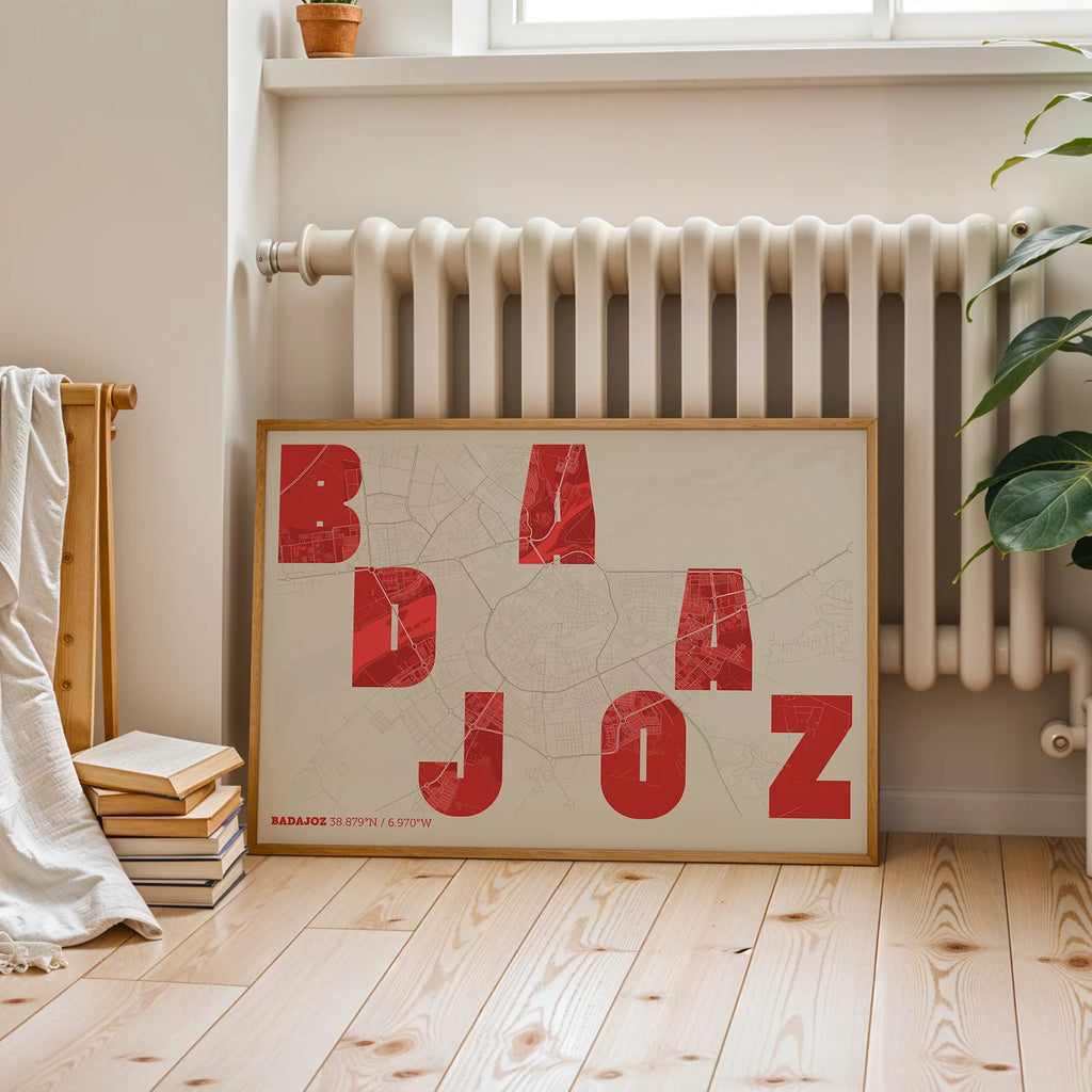Modern interior design with a Badajoz in Unruled design, where the city name letters appear randomly across different lines for a truly original urban layout designed in red and an off-white background, displayed on a living room wall