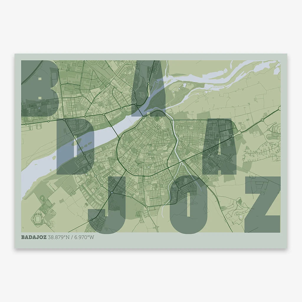 Decorative print of  with letters of its name placed randomly, designed in two green tones