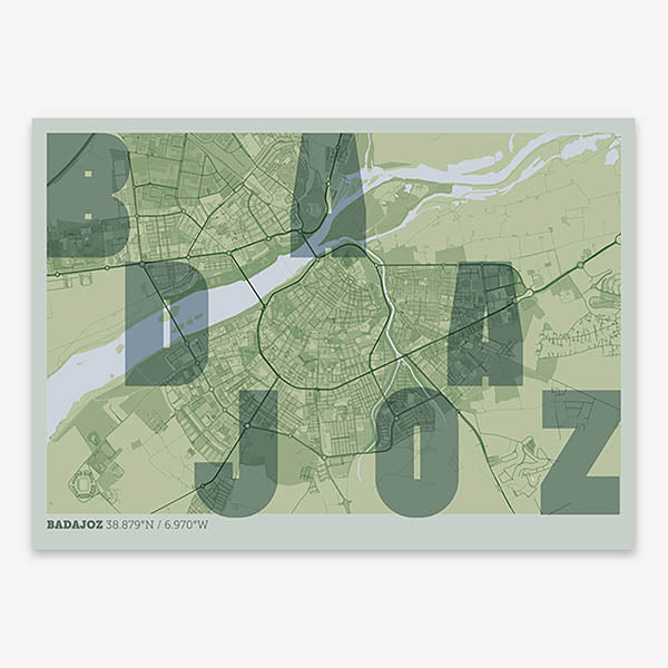 Decorative print of  with letters of its name placed randomly, designed in two green tones