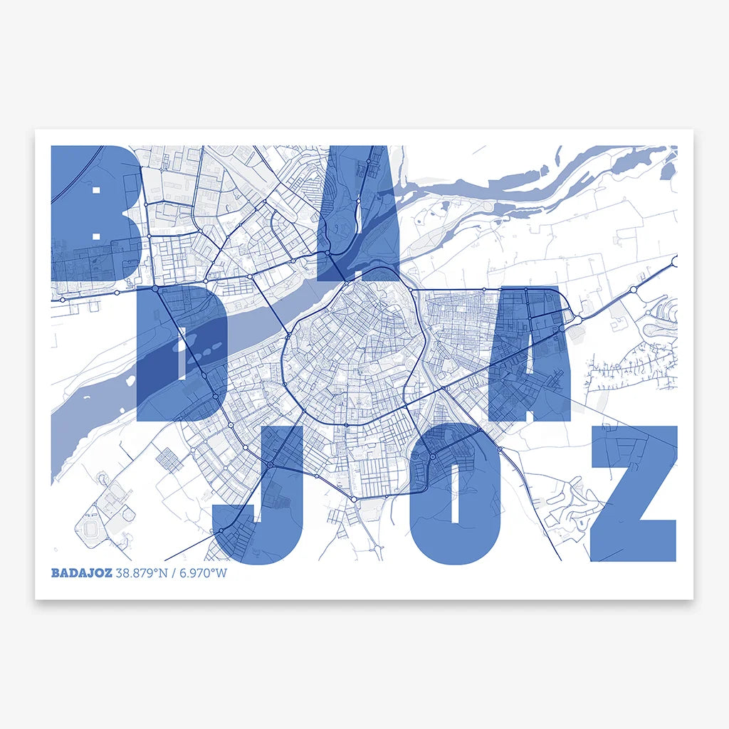 Decorative print of  with letters of its name placed randomly, designed in navy blue and white