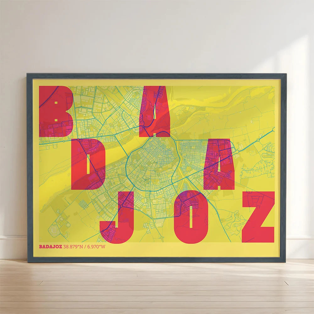 Lámina creativa de Badajoz – Diseño gráfico y tipografía sobre mapa
