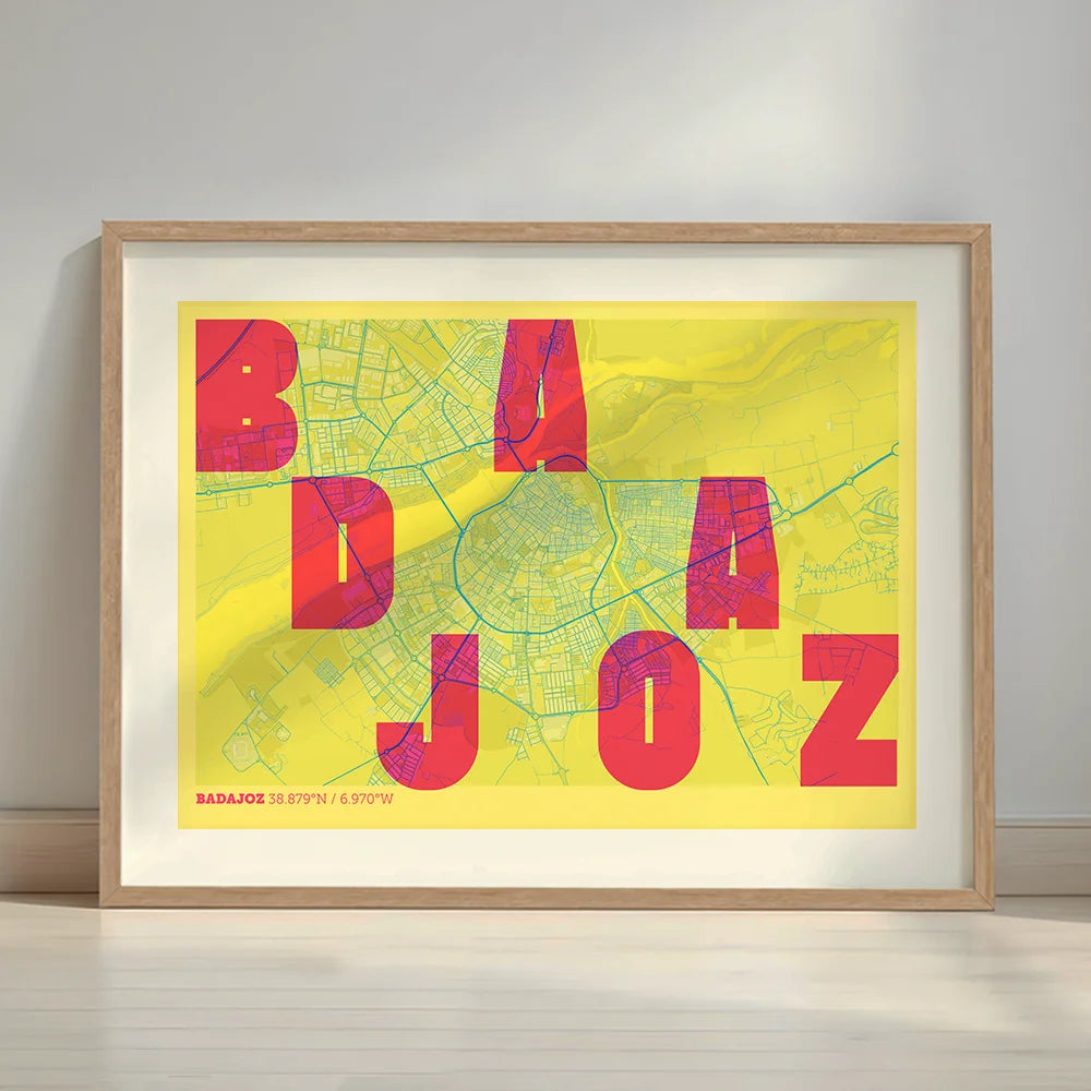 Framed Badajoz in Unruled design, where the city name letters appear randomly across different lines for a truly original urban layout designed in yellow and fuchsia with a white margin border in a warm lit minimalist setting
