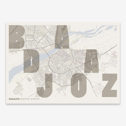 The map of Badajoz with letters of its name placed randomly, designed in light brown and an off-white background