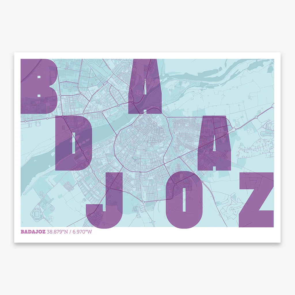Decorative print of  with letters of its name placed randomly, designed in purple and light blue