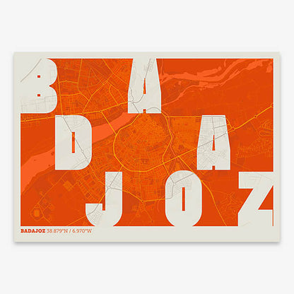 Decorative print of  with letters of its name placed randomly, designed in orange and an off-white background