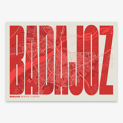 Decorative map of  and letters of its name in a giclée print designed in red and an off-white background