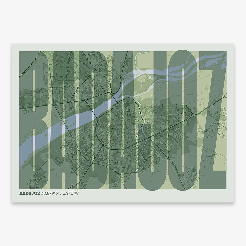 Decorative map of  and letters of its name in a giclée print designed in two green tones