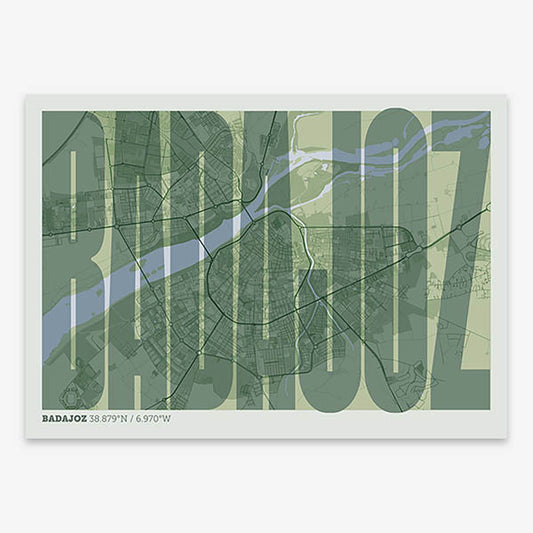 Decorative map of  and letters of its name in a giclée print designed in two green tones