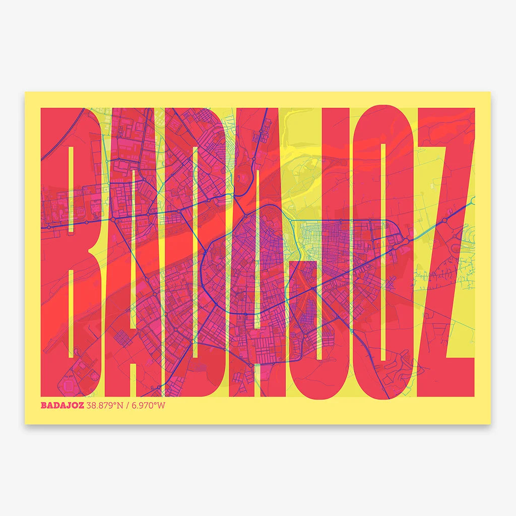 Decorative map of  and letters of its name in a giclée print designed in yellow and fuchsia