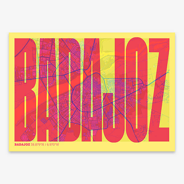 Decorative map of  and letters of its name in a giclée print designed in yellow and fuchsia