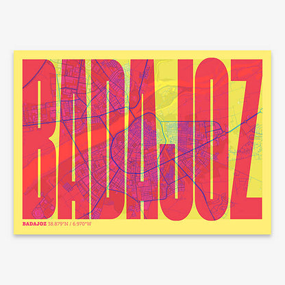 Decorative map of  and letters of its name in a giclée print designed in yellow and fuchsia