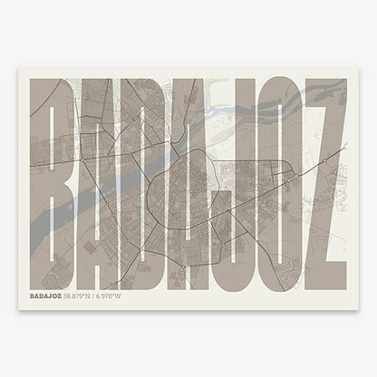 Decorative map of  and letters of its name in a giclée print designed in light brown and an off-white background