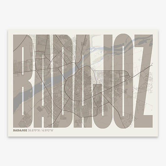 Decorative map of  and letters of its name in a giclée print designed in light brown and an off-white background