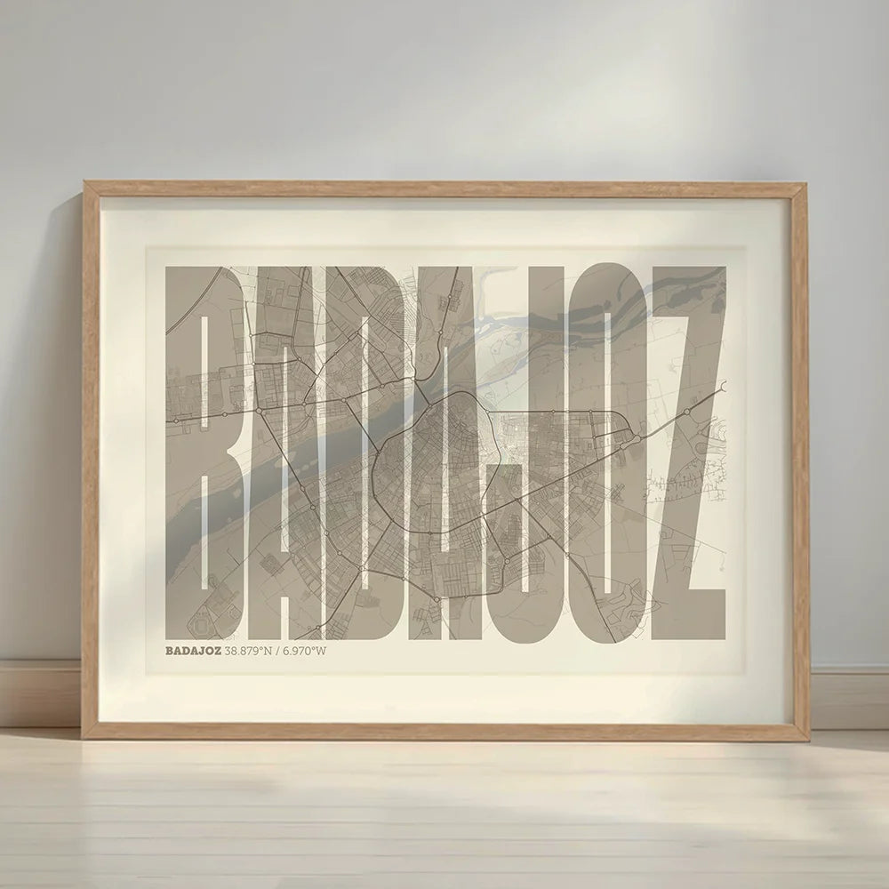 Framed Badajoz in Extra Compressed design, where the letters are tightly squeezed to fit the city's map shape designed in light brown and an off-white background with a white margin border in a warm lit minimalist setting