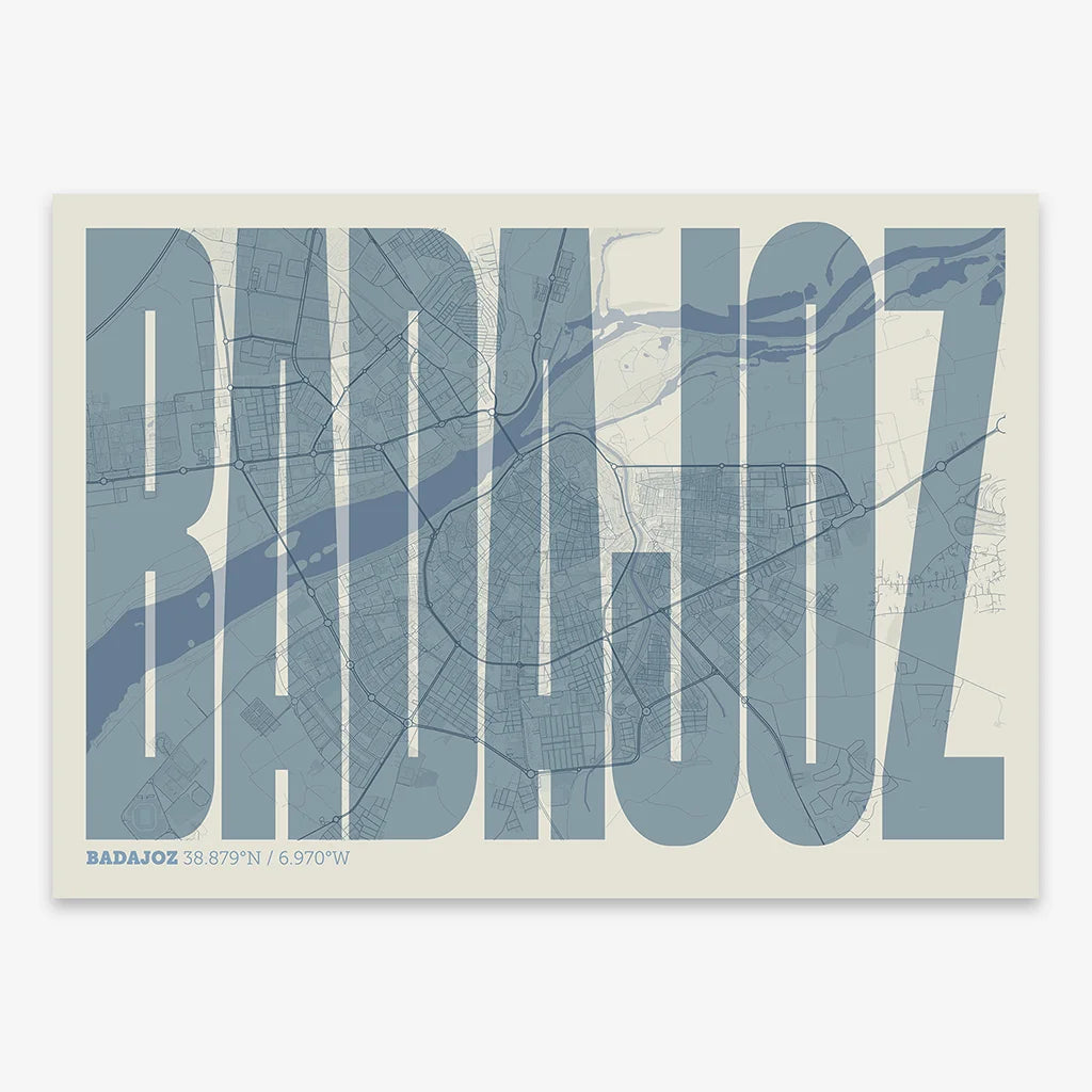 Decorative map of  and letters of its name in a giclée print designed in bluish gray and an off-white background