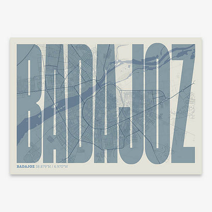 Decorative map of  and letters of its name in a giclée print designed in bluish gray and an off-white background