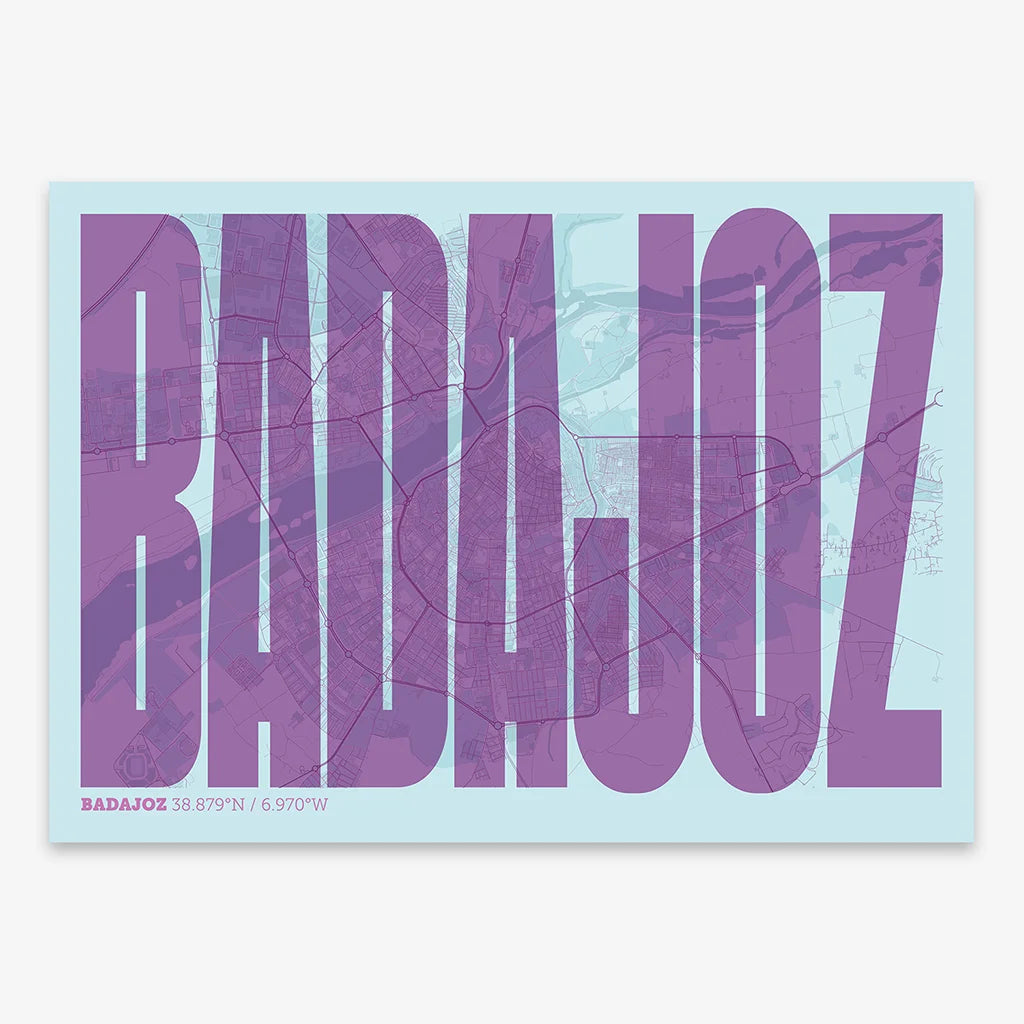 Decorative map of  and letters of its name in a giclée print designed in purple and light blue