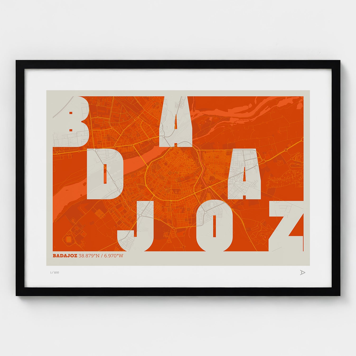 Lámina tipográfica de Badajoz – diseño Revoltosa, marco negro