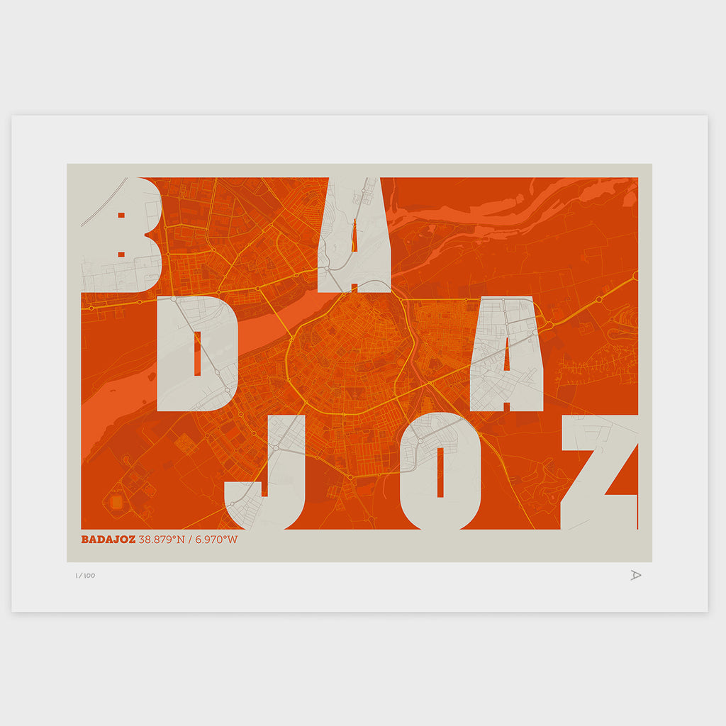 Lámina tipográfica de Badajoz – diseño Revoltosa, sin marco sobre papel