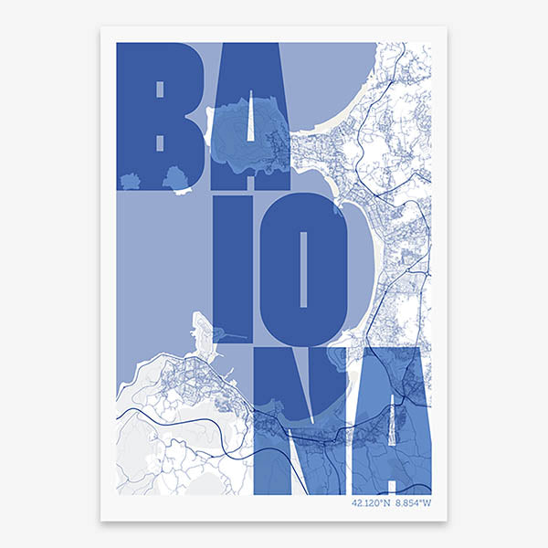 Lámina creativa de Baiona, Pontevedra – Diseño gráfico y tipografía sobre mapa