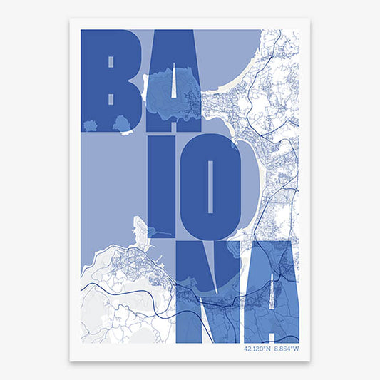Lámina creativa de Baiona, Pontevedra – Diseño gráfico y tipografía sobre mapa