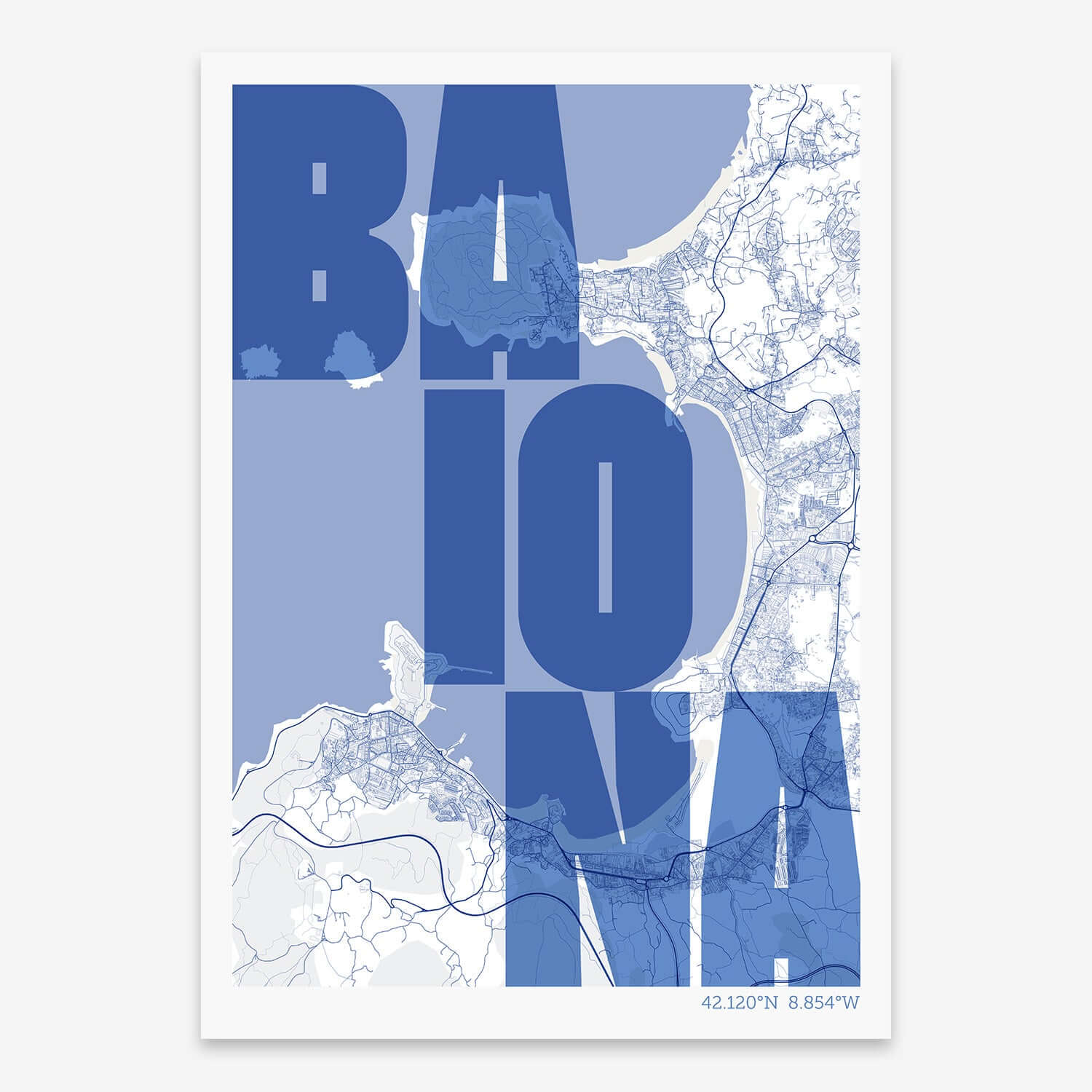 The map of Baiona with letters of its name placed randomly, designed in navy blue and white