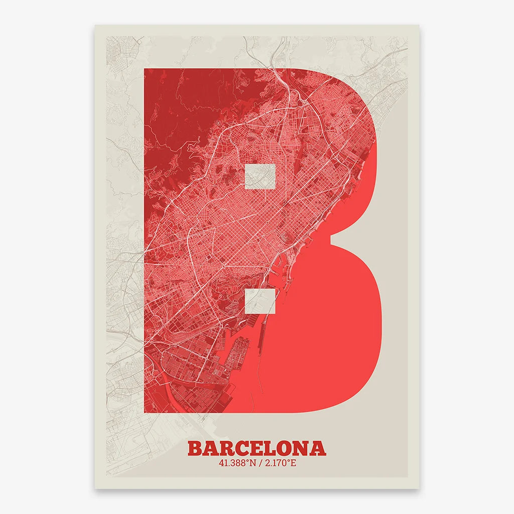 Decorative print of Barcelona composed with letters in a heavy geometric font printed on red and an off-white background