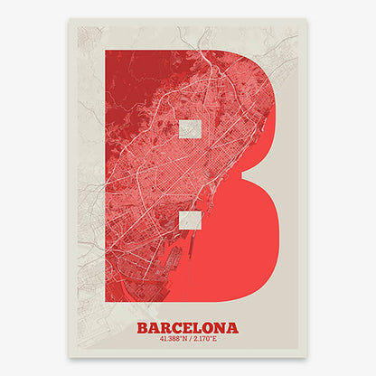 Decorative print of Barcelona composed with letters in a heavy geometric font printed on red and an off-white background