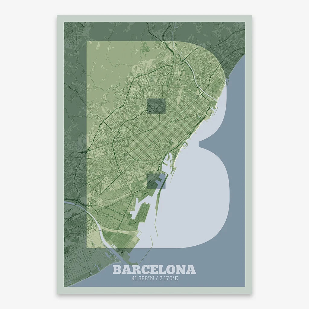 Decorative print of Barcelona composed with letters in a heavy geometric font printed on two green tones