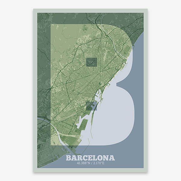 Decorative print of Barcelona composed with letters in a heavy geometric font printed on two green tones