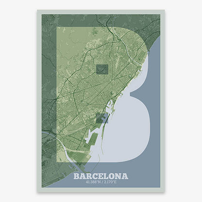 Decorative print of Barcelona composed with letters in a heavy geometric font printed on two green tones