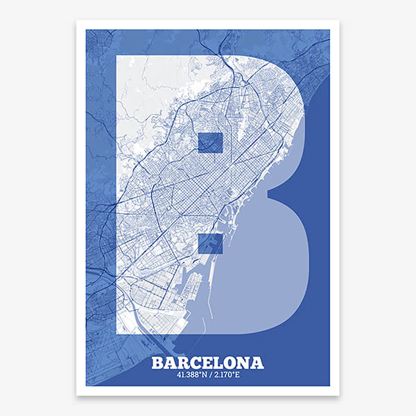 Decorative print of Barcelona composed with letters in a heavy geometric font printed on navy blue and white