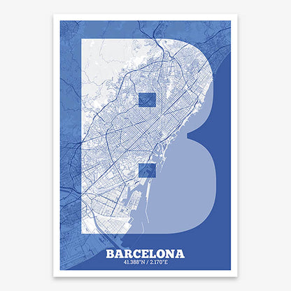 Decorative print of Barcelona composed with letters in a heavy geometric font printed on navy blue and white