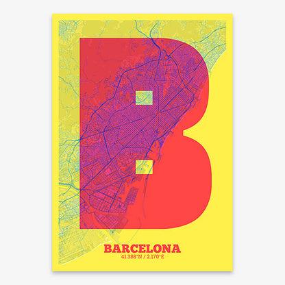 Decorative print of Barcelona composed with letters in a heavy geometric font printed on yellow and fuchsia